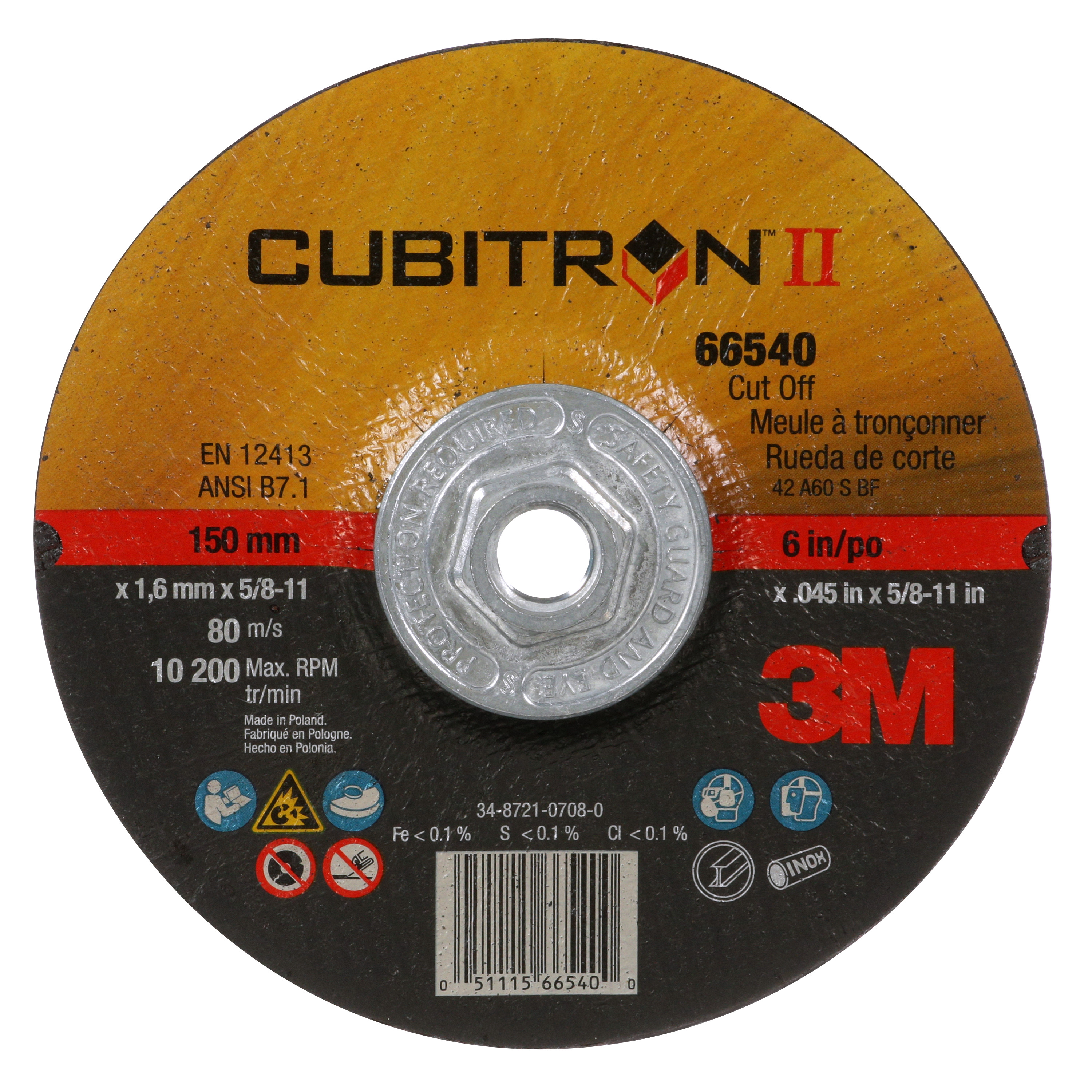 3M™ Cubitron™ II Cut-Off Wheel, 66540, T27 Quick Change, 6 in x .045 in x 5/8-11 in, 25 per inner, 50 per case